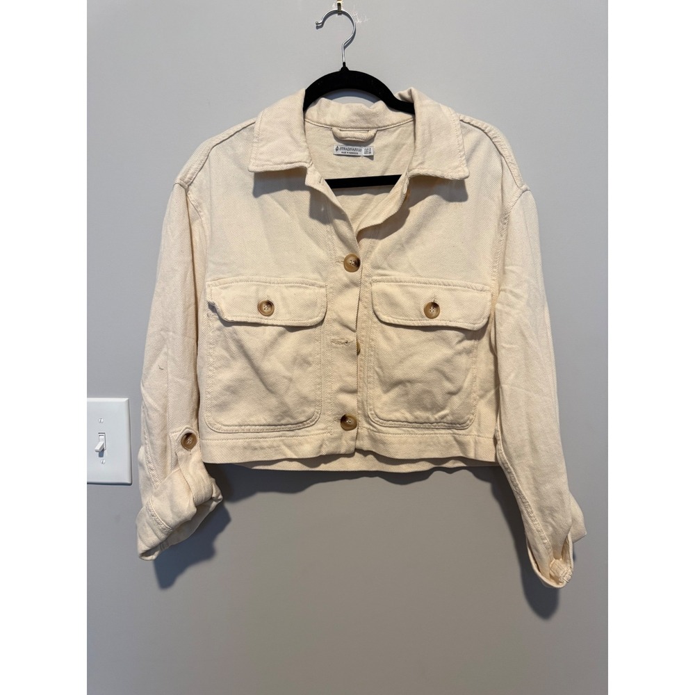 Stradivarius Womens Cream Cropped Denim Utility Jacket Off White Size S
